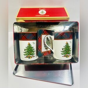 Spode CHRISTMAS TREE TARTAN 5 Pc Gift Set in Tin - 2 Mugs 2 Coasters Tin